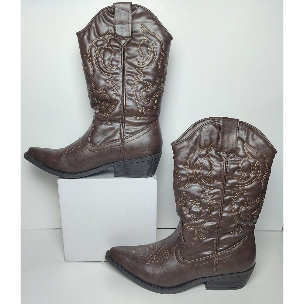 Olsenboye OSandy Brown Faux Leather Embroidered Midcalf Cowgirl Boots 8M B